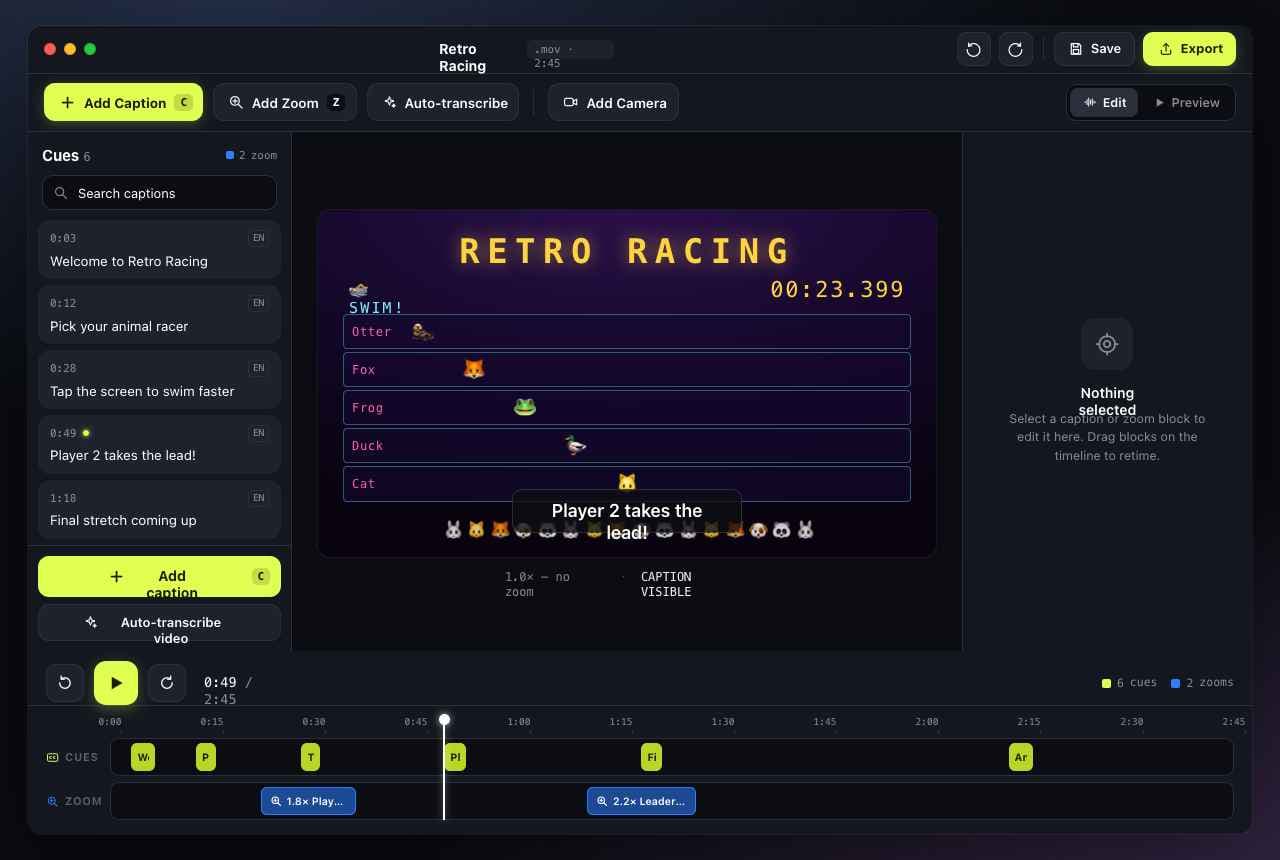 Subfast editor on macOS showing a list of timed captions, a video preview with a caption overlay, and a timeline with cue and zoom tracks.