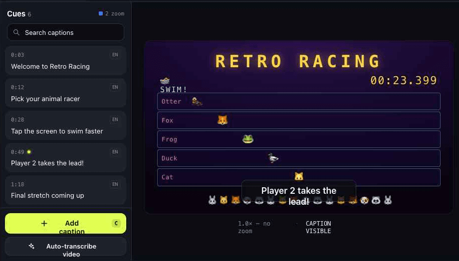 Subfast cue list with timed captions next to a video preview showing a live caption overlay.