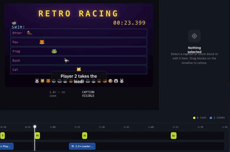 Subfast timeline showing cue and zoom tracks, with zoom blocks placed beneath the video preview.